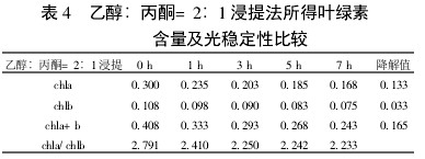 表4 乙醇:丙酮=2:1浸提法所得叶绿素含量及光稳定性比较